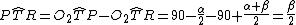 latex: P\widehat{T}R=O_2\widehat{T}P-O_2\widehat{T}R=90-\frac{\alpha}{2}-90+\frac{\alpha+\beta}{2}=\frac{\beta}{2}
