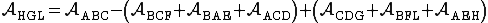 latex: \large \mathcal{A}_{\small\text{HGL}}=\mathcal{A}_{\small\text{ABC}}-\left(\mathcal{A}_{\small\text{BCF}}+\mathcal{A}_{\small\text{BAE}}+\mathcal{A}_{\small\text{ACD}}\right)+\left(\mathcal{A}_{\small\text{CDG}}+\mathcal{A}_{\small\text{BFL}}+\mathcal{A}_{\small\text{AEH}}\right)