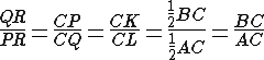 latex: \Large \frac{QR}{PR} = \frac{CP}{CQ} = \frac{CK}{CL} = \frac{\frac{1}{2}BC}{\frac{1}{2}AC} = \frac{BC}{AC}
